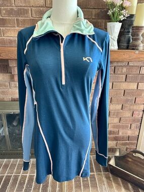 Kari Traa Navy Long-Sleeve Half-Zip Rash Guard with Mint and Pale Pink Trim